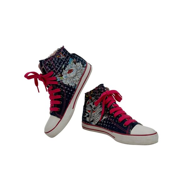 Vintage Y2K Ed Hardy x Christian Audigier Tattoo Print Frayed High Top Sneakers - Picture 2 of 16